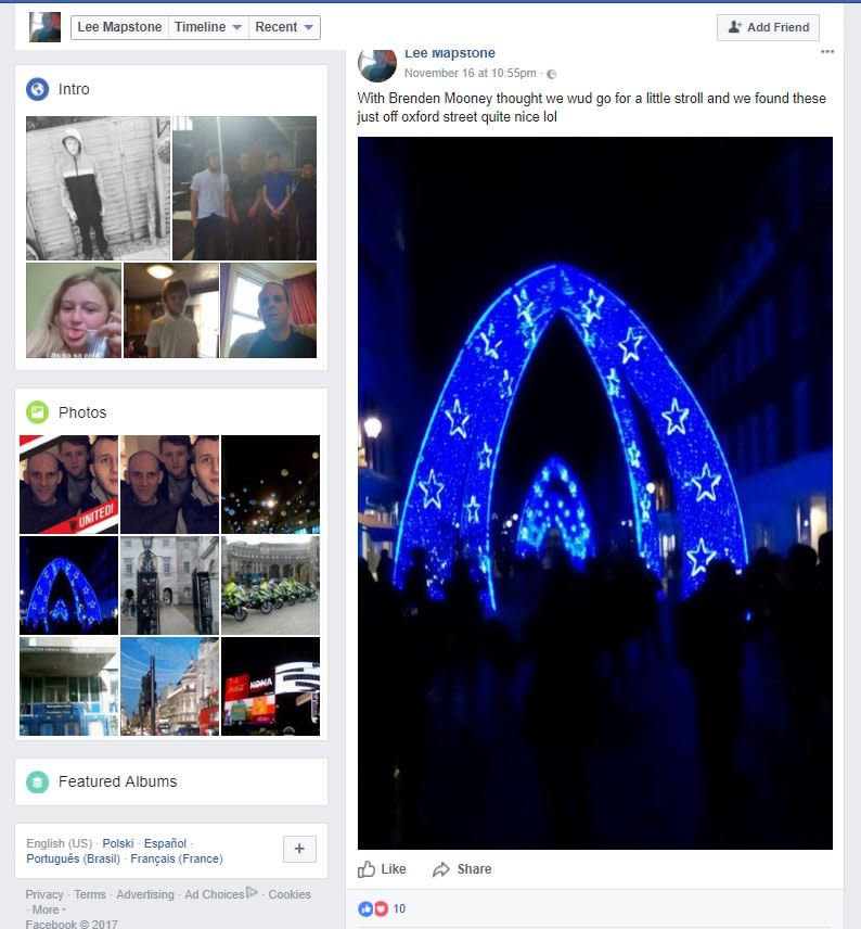 <em>Seeing the sights – Mapstone’s pictures included those of the Christmas lights in London (Picture: SWNS/Facebook)</em>