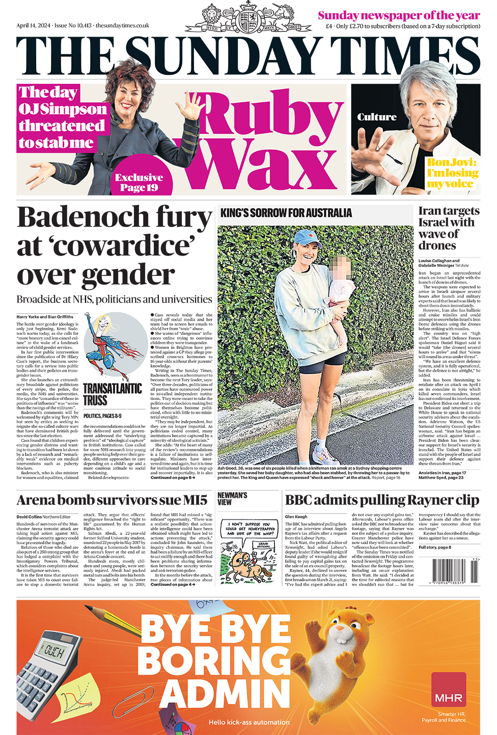 The Sunday Times headline: "Badenoch fury at 'cowardice' over gender"