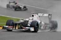 Sauber's Japanese driver Kamui Kobayashi drives during the first practice session at the Spa Francorchamps circuit on Friday. Formula One fans were left disappointed on Friday after heavy rain meant very little track action during the second practice for Sunday's Belgian Grand Prix