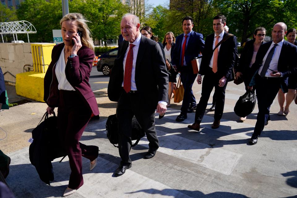 Fox News attorney Daniel Webb walks from the New Castle County Courthouse in Wilmington after the defamation lawsuit by Dominion Voting Systems against Fox News was settled just as the jury trial was set to begin, Tuesday, April 18, 2023.