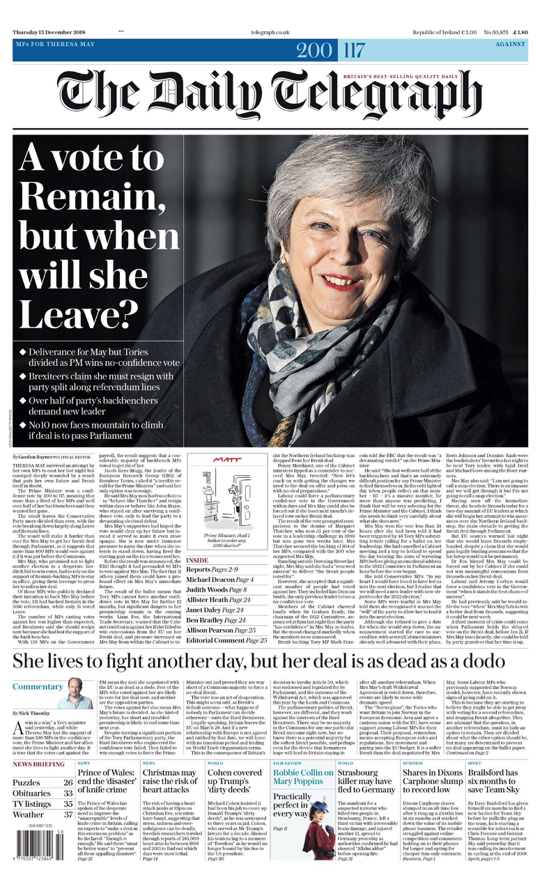 <p>The Daily Telegraph questioned how long Mrs May will remain in post, saying: “A vote to Remain, but when will she Leave?” (Picture: Twitter) </p>