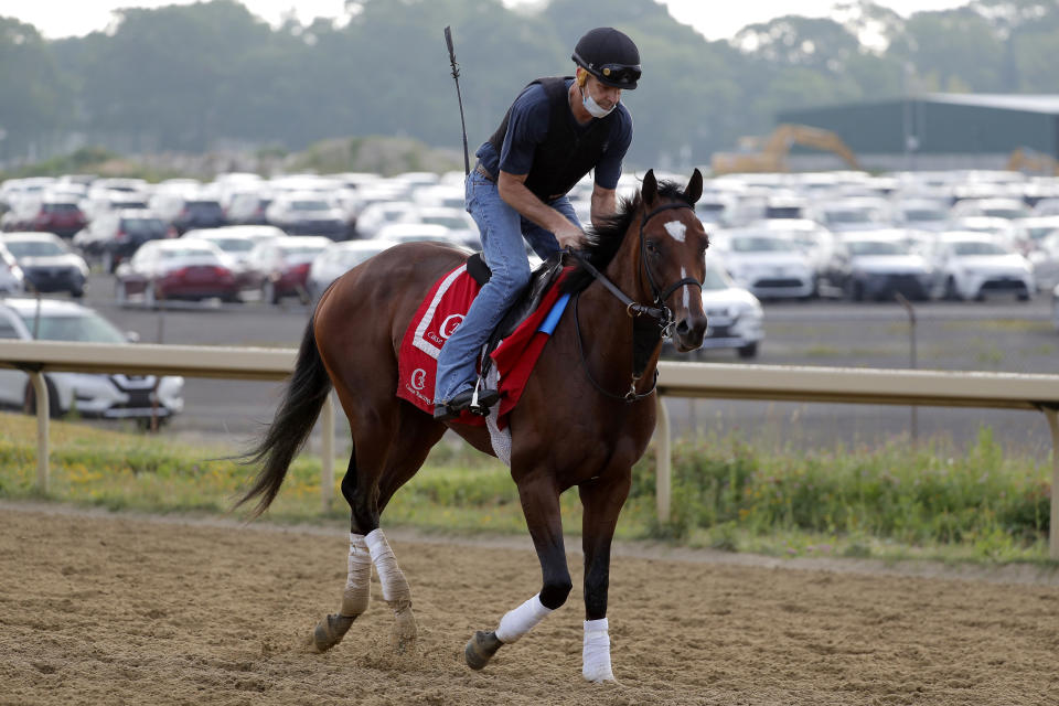 Tap It to Win works out at Belmont Park in Elmont, N.Y., Friday, June 19, 2020. The Belmont Stakes is scheduled to run on Saturday. (AP Photo/Seth Wenig)
