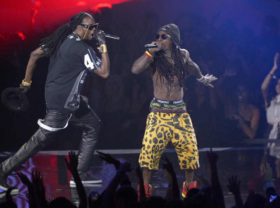 Lil Wayne, right, and 2 Chainz perform at the MTV Video Music Awards on Thursday, Sept. 6, 2012, in Los Angeles. (Photo by Mark J. Terrill/Invision/AP)