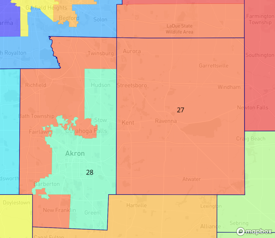 GOP plan for Senate seats: This screenshot from Dave's Redistricting, an electoral mapping program that promotes civic engagement, shows the proposed boundaries of Ohio Senate districts for Summit and Portage counties under the Republicans' proposal.