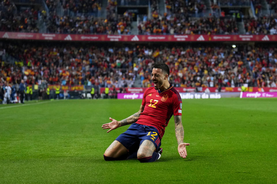 MALAGA, SPAIN - MARCH 25: Joselu of Spain celebrates after scoring the team's third goal during the UEFA EURO 2024 Qualifying Round Group A match between Spain and Norway at La Rosaleda Stadium on March 25, 2023 in Malaga, Spain. (Photo by Angel Martinez/Getty Images)