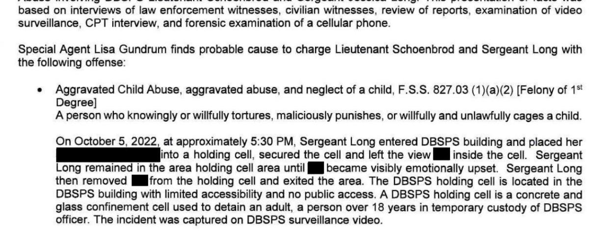 An excerpt from a Florida Department of Law Enforcement investigative report shows the special agent in charge recommended charging two Daytona Beach Shores police officers with aggravated child abuse, a first-degree felony.