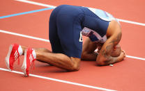 LONDON, ENGLAND - AUGUST 07: James Ellington of Great Britain reacts after competing in the Men's 200m Round 1 Heats on Day 11 of the London 2012 Olympic Games at Olympic Stadium on August 7, 2012 in London, England. (Photo by Cameron Spencer/Getty Images)