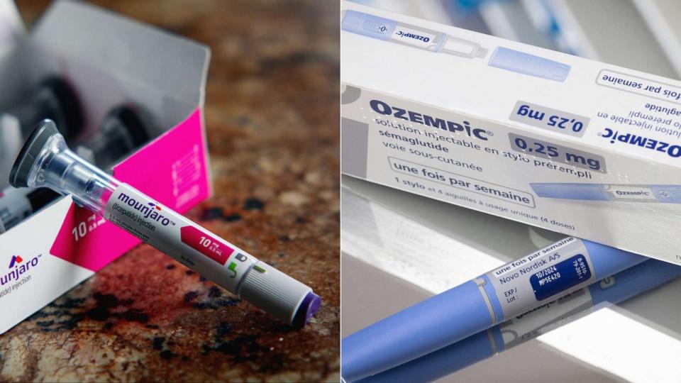 PHOTO: This split image shows a Mounjaro injection pen on Nov. 30, 2022, and the anti-diabetic medication Ozempic (semaglutide) on Feb. 2023. (Sandy Huffaker for The Washington Post and Joel Saget/AFP via Getty Images)