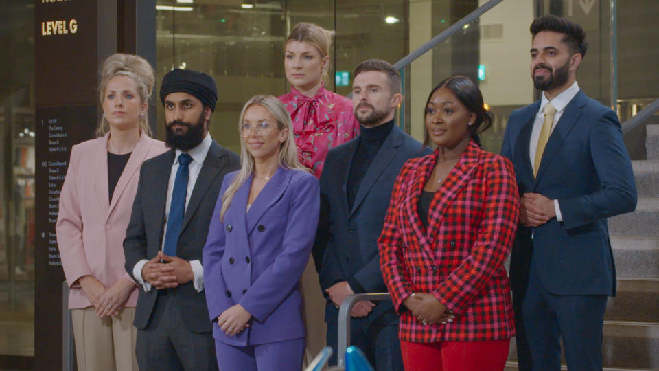 The Apprentice Maura, Flo, Paul Front Row (L-R): Virdi, Sam, Phil, Onyeka,Team Supream at task briefing,FreemantleMedia Ltd,N/A