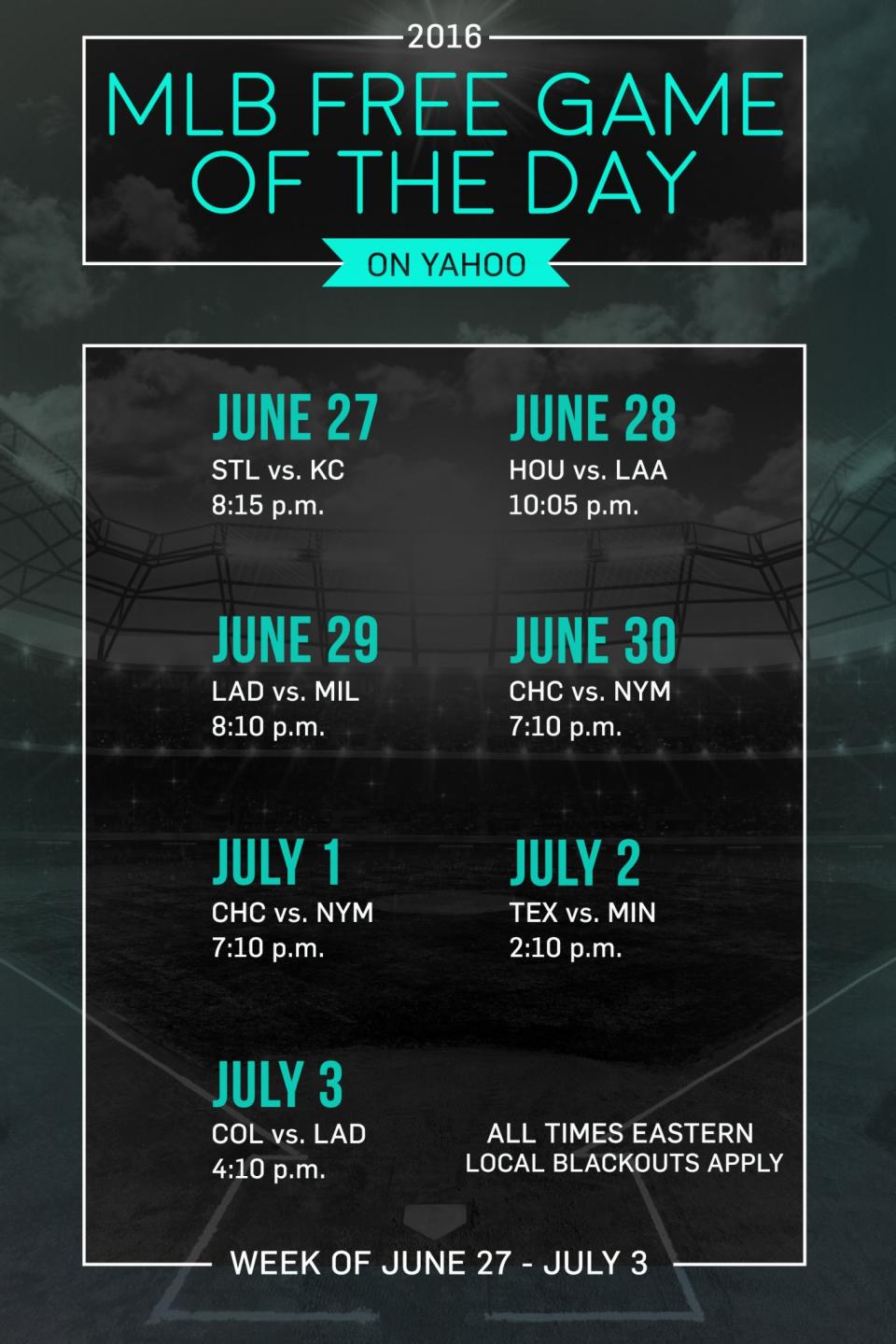 MLB Free Game of the Day schedule for the week of June 27.