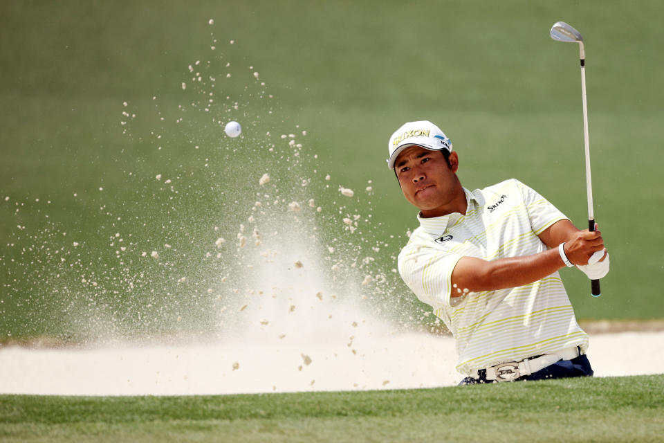 AUGUSTA, GEORGIA - APRIL 11: Hideki Matsuyama of Japan plays a shot from a bunker on the second hole during the final round of the Masters at Augusta National Golf Club on April 11, 2021 in Augusta, Georgia. (Photo by Kevin C. Cox/Getty Images)