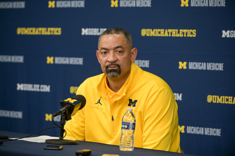 ANN ARBOR, MICHIGAN - FEBRUARY 18: Head Basketball Coach Juwan Howard of the Michigan Wolverines speaks to press after a college basketball game against the Michigan State Spartans at Crisler Arena on February 18, 2023 in Ann Arbor, Michigan. The Michigan Wolverines won the game 84-72 over the Michigan State Spartans. (Photo by Aaron J. Thornton/Getty Images)