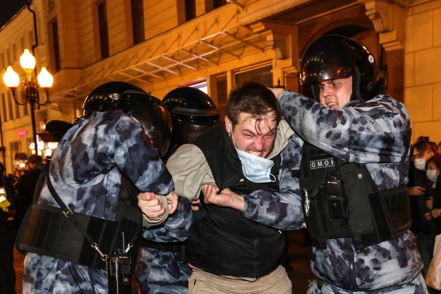 Police officers detain a protester during an unauthorised rally against a partial mobilisation announced by Russia&#39;s President Vladimir Putin on September 21. Source: Anton Novoderezhkin/TASS/Sipa USA