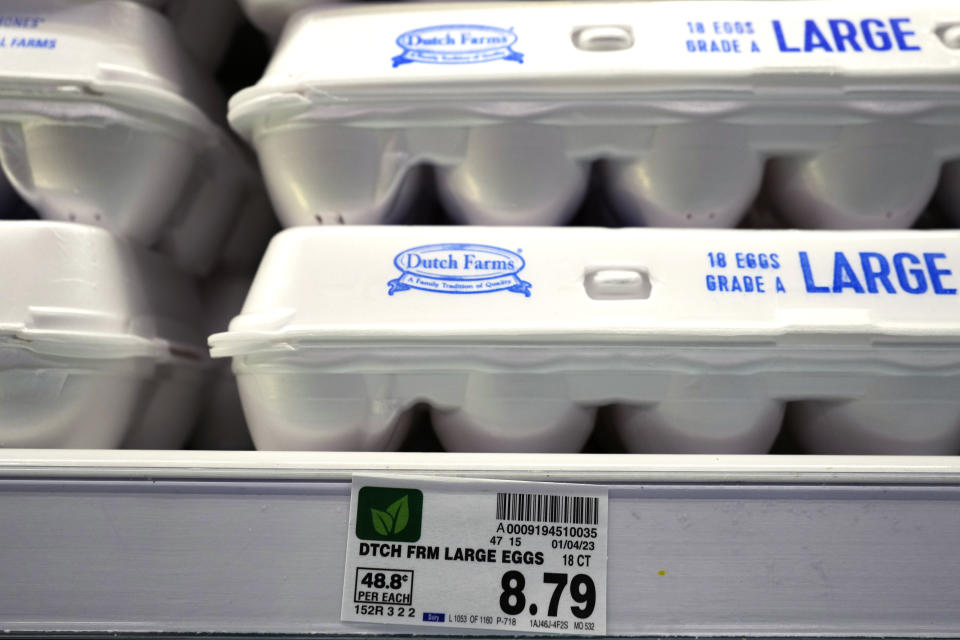 FILE - The price of a dozen eggs is seen at a grocery store in Glenview, Ill., Jan. 10, 2023. The ongoing bird flu outbreak has cost the U.S. government roughly $661 million and added to consumers' pain at the grocery store after more than 58 million birds were slaughtered to limit the spread of the virus. (AP Photo/Nam Y. Huh, File)