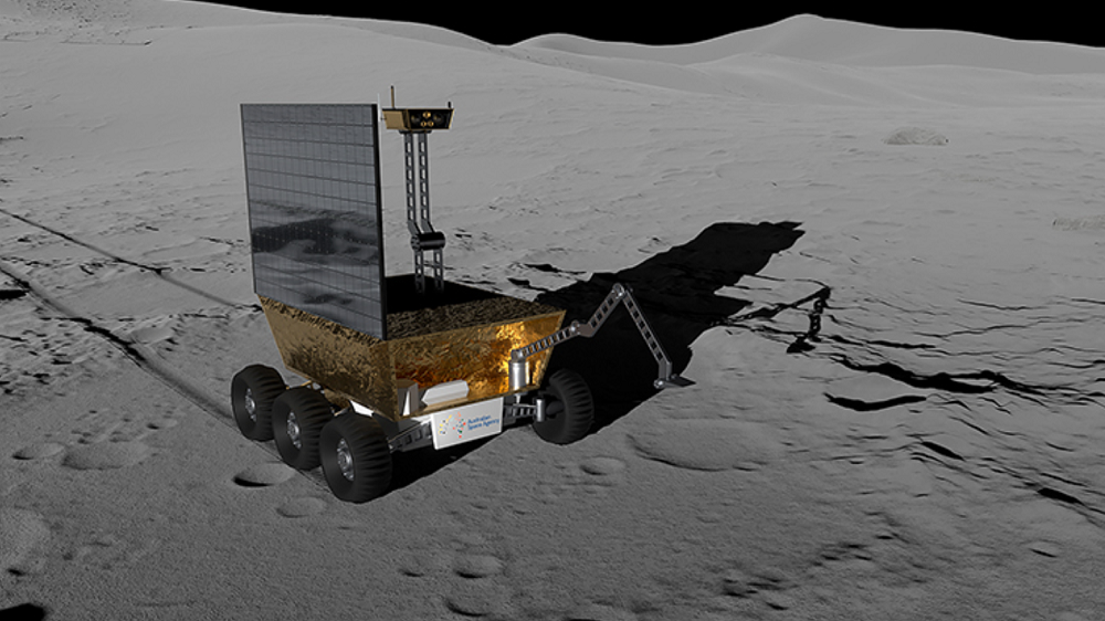  An artist's illustration of a moon rover with gold wrapping and a set of 6 wheels on the lunar surface. 