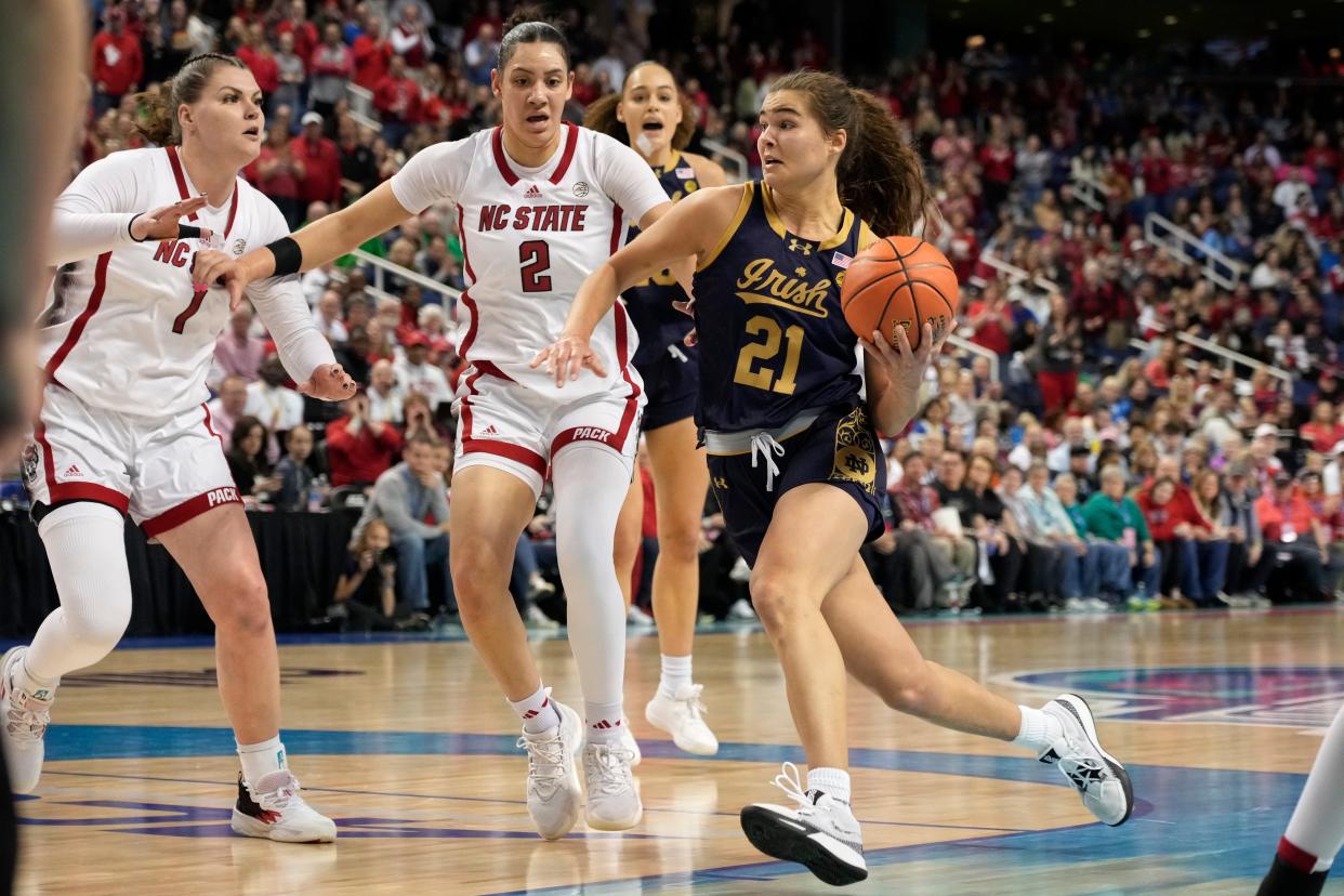 Notre Dame's Maddy Westbeld (21) drives past NC State's Mimi Collins (2) during Sunday's ACC tournament championship game.