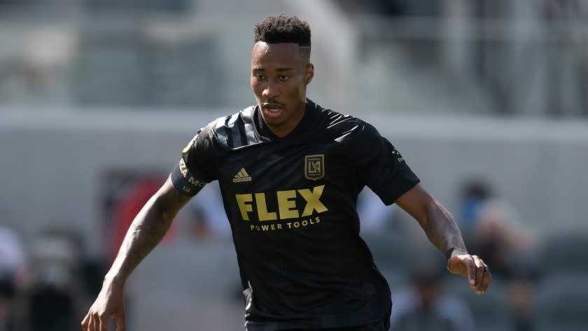 Los Angeles FC midfielder Mark-Anthony Kaye during an MLS soccer match against the Austin FC, Saturday, April 17, 2021, in Los Angeles. (AP Photo/Kyusung Gong)