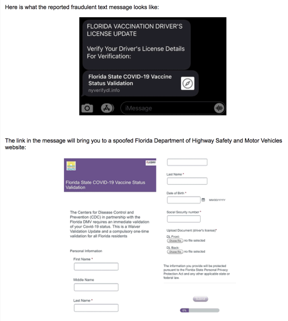 Florida is warning people about a new phishing scam that sends people to a spoofed Florida Department of Highway Safety and Motor Vehicles website asking for personal information to remake driver licenses to include COVID-19 vaccination status.