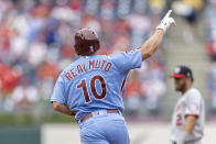 Philadelphia Phillies' J.T. Realmuto gestures while running the bases after hitting a solo home run during the fourth inning of a baseball game against the Washington Nationals, Thursday, July 29, 2021, in Philadelphia in the first game of a double header. (AP Photo/Laurence Kesterson)