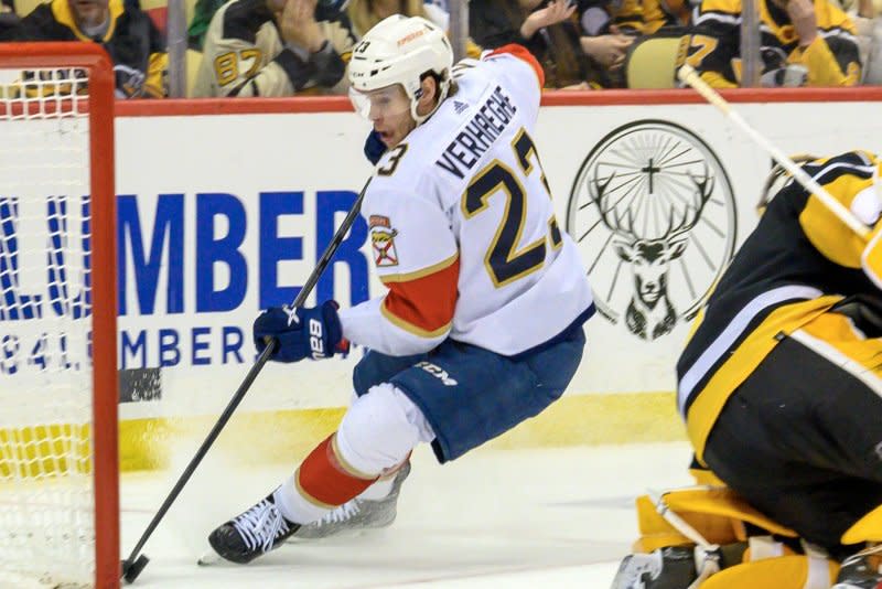 Florida Panthers forward Carter Verhaeghe is among the players who returned to the team after a 2022 run to the Stanley Cup Final. File Photo by Archie Carpenter/UPI