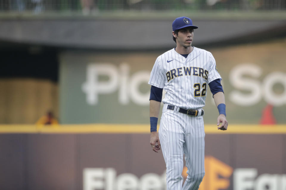 Milwaukee Brewers' Christian Yelich warms up before a baseball game against the Chicago White Sox Friday, July 23, 2021, in Milwaukee. (AP Photo/Aaron Gash)