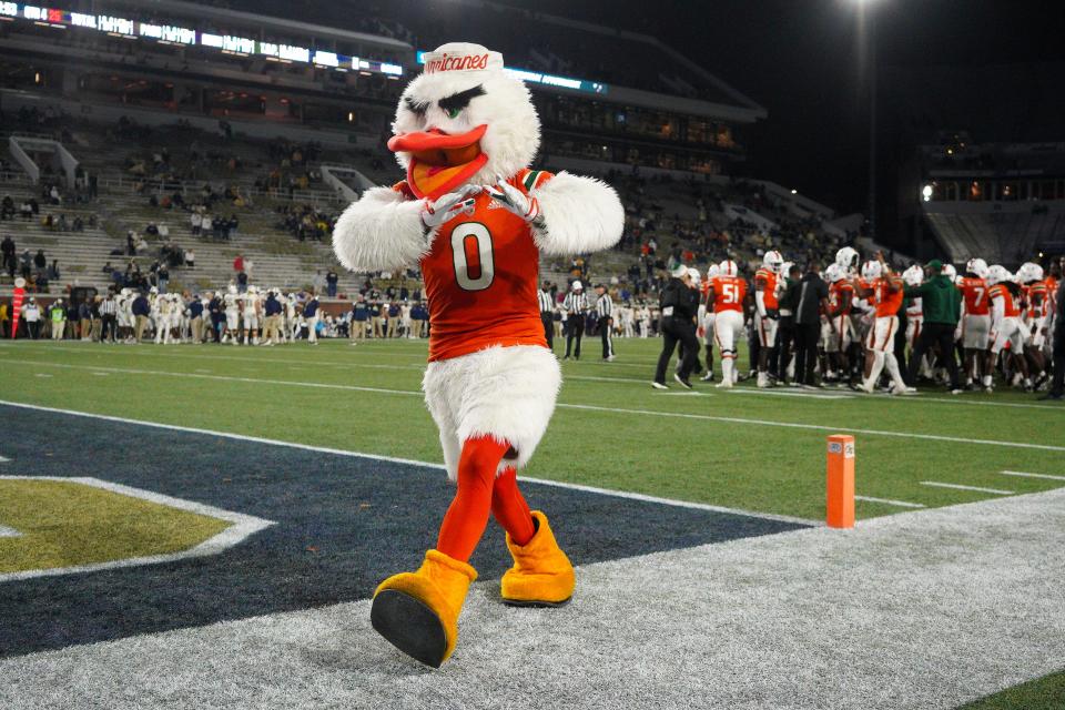 Nov 12, 2022; Atlanta, Georgia, USA; Miami Hurricanes mascot mascot Sebastian the Ibis on the sidelines against the Georgia Tech Yellow Jackets in the second half at Bobby Dodd Stadium. Mandatory Credit: Brett Davis-USA TODAY Sports