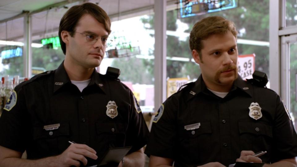 Bill Hader and Seth Rogen as the cops in Superbad looking a little confused.