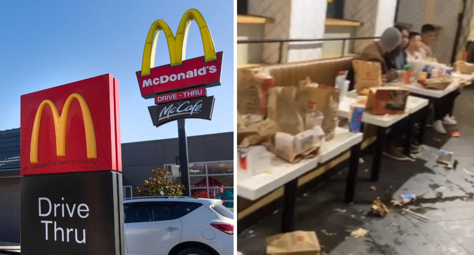 McDonald's signs outside restaurant; Trash strewn across McDonald's restaurant