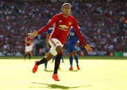 Football Soccer Britain - Leicester City v Manchester United - FA Community Shield - Wembley Stadium - 7/8/16 Manchester United's Jesse Lingard celebrates scoring their first goal Action Images via Reuters / John Sibley Livepic EDITORIAL USE ONLY. No use with unauthorized audio, video, data, fixture lists, club/league logos or "live" services. Online in-match use limited to 45 images, no video emulation. No use in betting, games or single club/league/player publications. Please contact your account representative for further details.