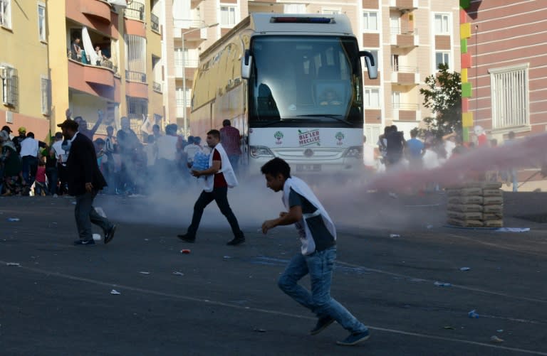 Turkish riot police use water cannon to disperse protesters in Diyarbakir on August 1, 2015 during a demonstration against the treatment in jail of Kurdish leader Abdullah Ocalan