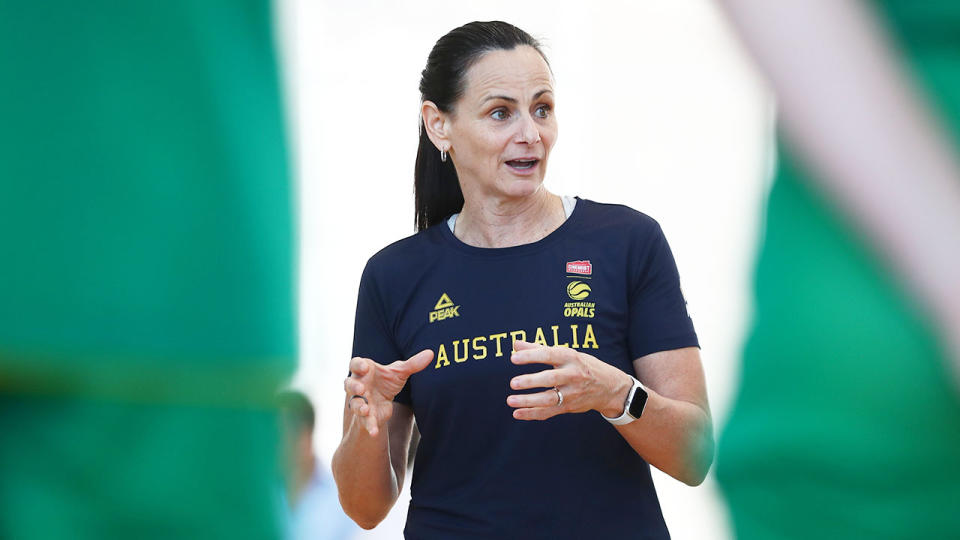 Pictured here, Australian Opals basketball coach Sandy Brondello talks to her players.