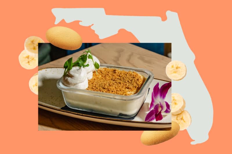 graphic collage of a photo of banana pudding, an outline of the state of Florida, vanilla wafer cookies, and banana slices