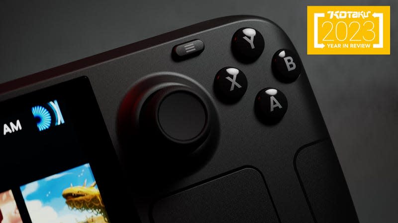 An image shows the right analog stick and four face buttons of the Steam Deck with a Kotaku 