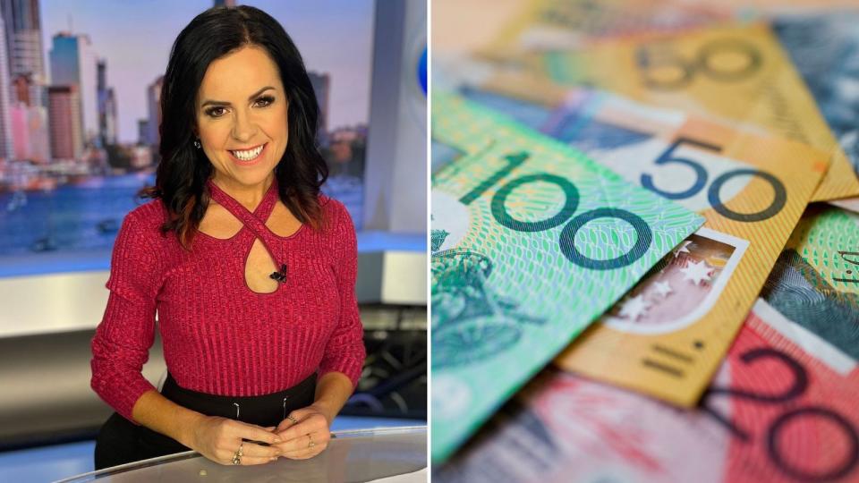 Compilation image of Nicole sitting at a news desk and a pile of Australian dollars to represent super