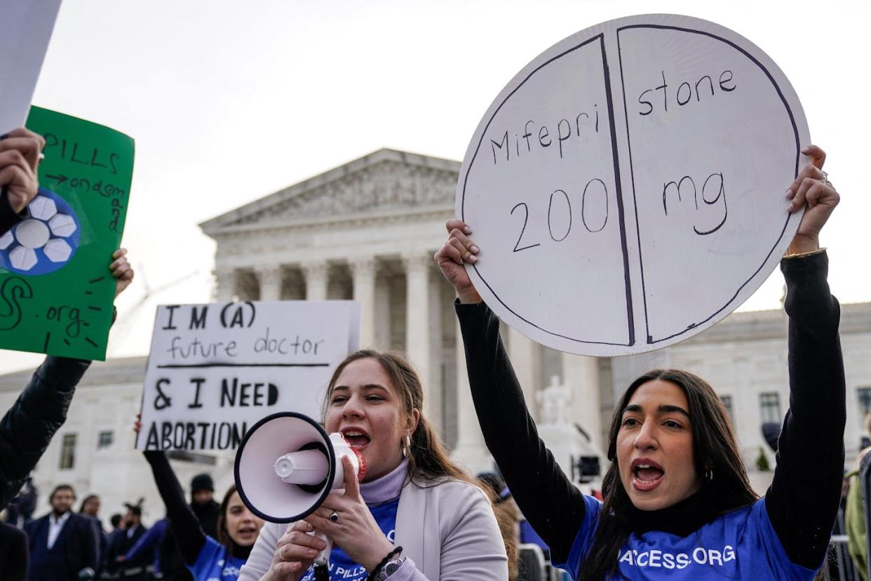 Pro-abortion rights activists rally in front of the Supreme Court on March 26, 2024, the day justices heard oral arguments about the use of mifepristone. <a href="https://www.gettyimages.com/detail/news-photo/abortion-rights-activist-rally-in-front-of-the-us-supreme-news-photo/2107843451?adppopup=true" rel="nofollow noopener" target="_blank" data-ylk="slk:Drew Angerer/AFP via Getty Images;elm:context_link;itc:0;sec:content-canvas" class="link ">Drew Angerer/AFP via Getty Images </a>