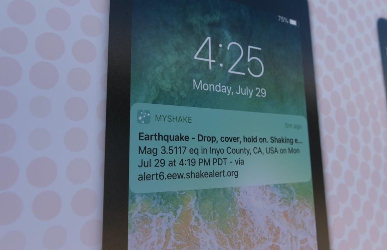 <span class="caption">An app can give you a few seconds of warning before an earthquake strikes.</span> <span class="attribution"><a class="link " href="https://www.gettyimages.com/detail/news-photo/the-nations-first-statewide-earthquake-early-warning-system-news-photo/1176500973?adppopup=true" rel="nofollow noopener" target="_blank" data-ylk="slk:Yichuan Cao/NurPhoto via Getty Images;elm:context_link;itc:0;sec:content-canvas">Yichuan Cao/NurPhoto via Getty Images</a></span>