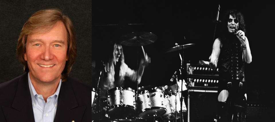 Neil Smith (drummer), Alice Cooper, Dennis Dunaway (bass) of the Alice Cooper Band perform on stage, Montreal, Canada, 1971. (Photo by Erica Echenberg/Redferns)