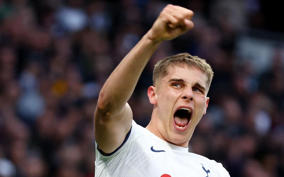 Micky van de Ven celebrates scoring for Tottenham