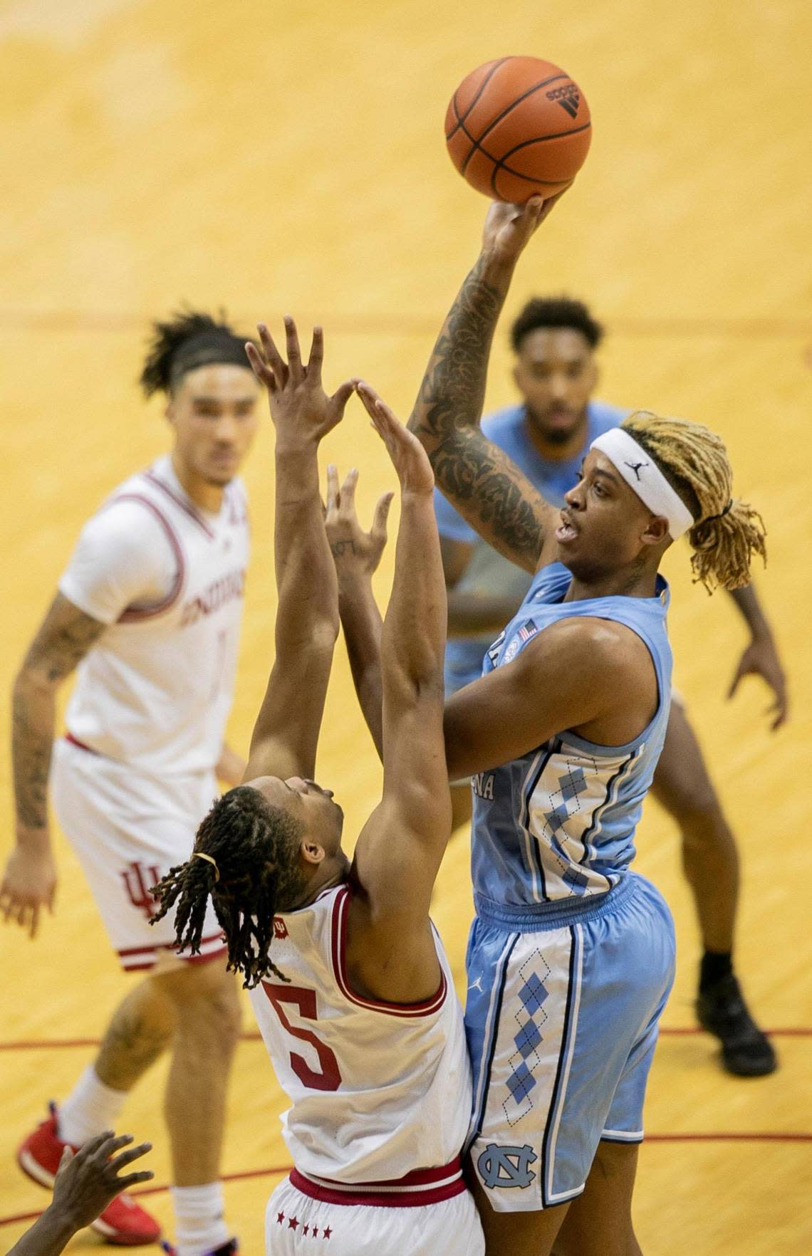 North Carolina’s Armando Bacot (5) puts up a shot against Indiana’s Malik Reneau (5) in the first half on Wednesday, November 30, 2022 at Assembly Hall in Bloomington, IN.