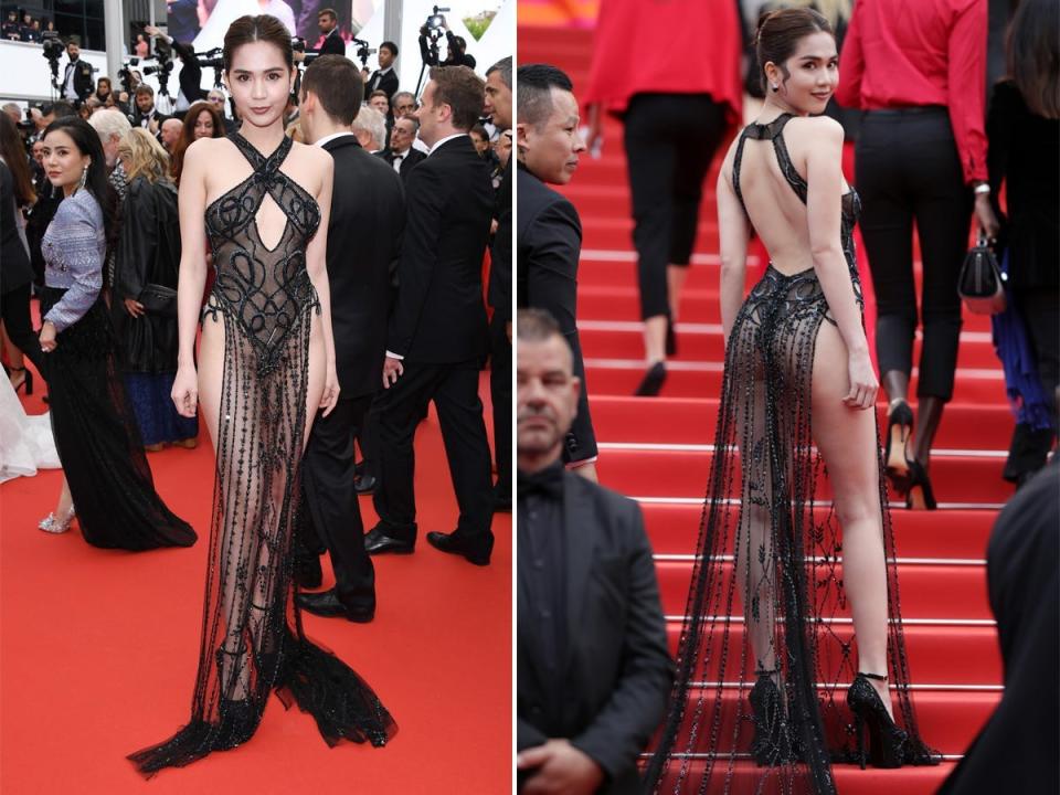 A side-by-side photo of Ngoc Trinh at the Cannes Film Festival wearing a black dress.