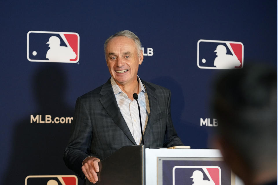 Major League Baseball commissioner Rob Manfred speaks during a news conference after an owners meeting in Arlington, Texas, Thursday, Nov. 16, 2023. The Oakland Athletics’ move to Las Vegas was unanimously approved Thursday by Major League Baseball team owners, cementing the sport’s first relocation since 2005. (AP Photo/LM Otero)