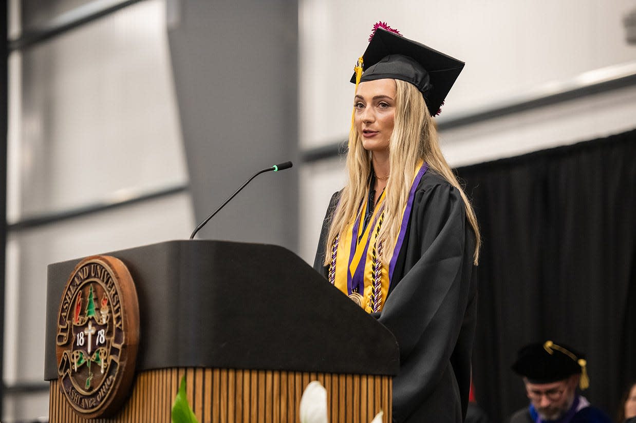 Ashland University graduate Zoe Webb spoke on behalf of the class of 2024 during commencement Saturday. An exercise science and psychology double major from Centerburg, Webb, who is the 2024 valedictorian, reflected on the challenges her classmates faced, starting their undergraduate careers with the unknowns and stresses related to the pandemic.