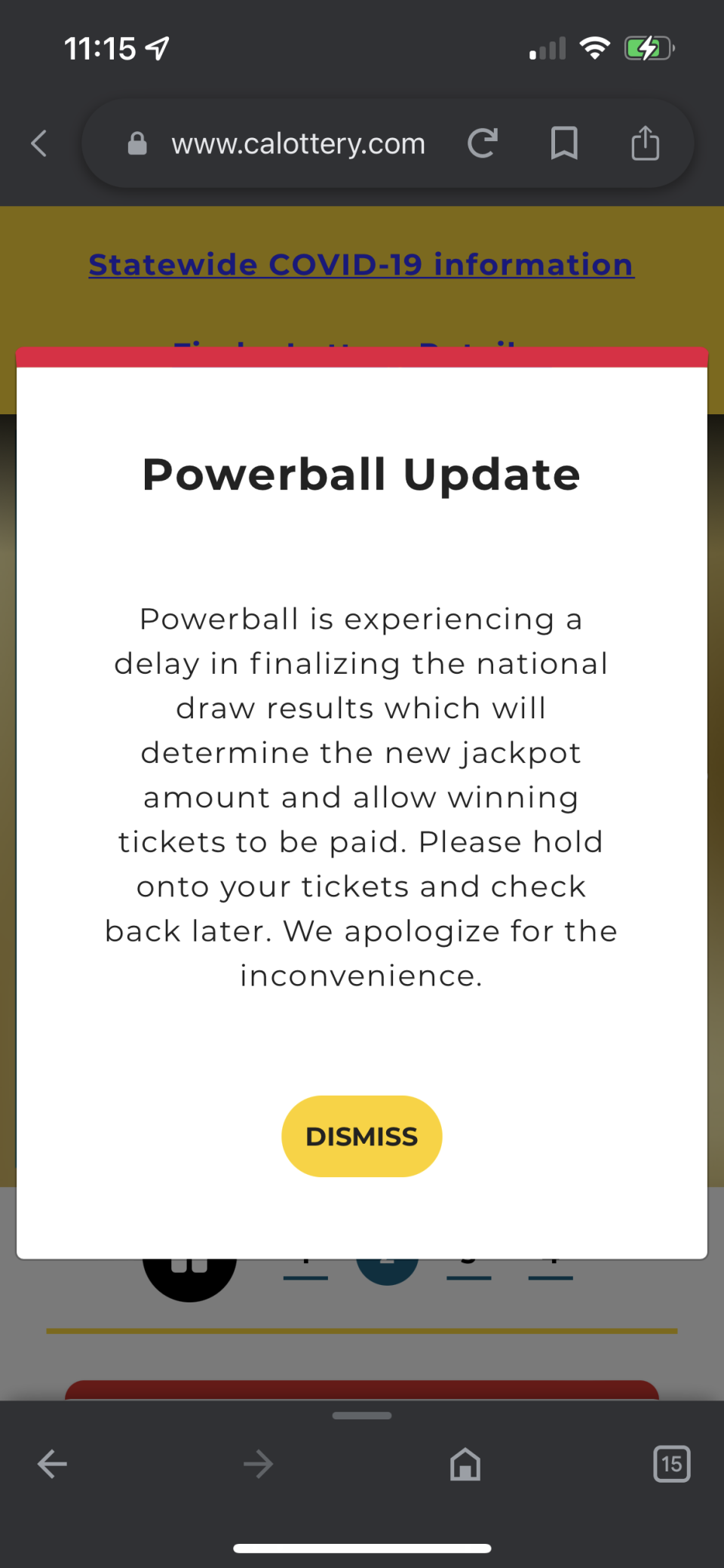 A message on the California Lottery website Saturday night about the Powerball drawing.