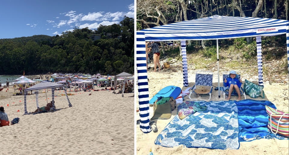 Cabanas on the beach at Noosa Heads (left) and a close-up of a cabana (right).