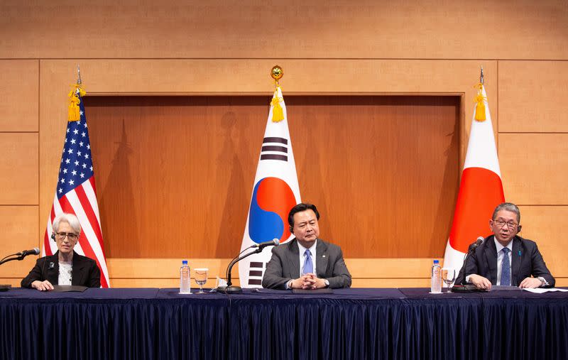 Japan's Vice Minister for Foreign Affairs Mori, South Korea's First Vice Foreign Minister Hyun-dong and U.S Deputy Secretary of State Sherman meet at the Foreign Ministry in Seoul