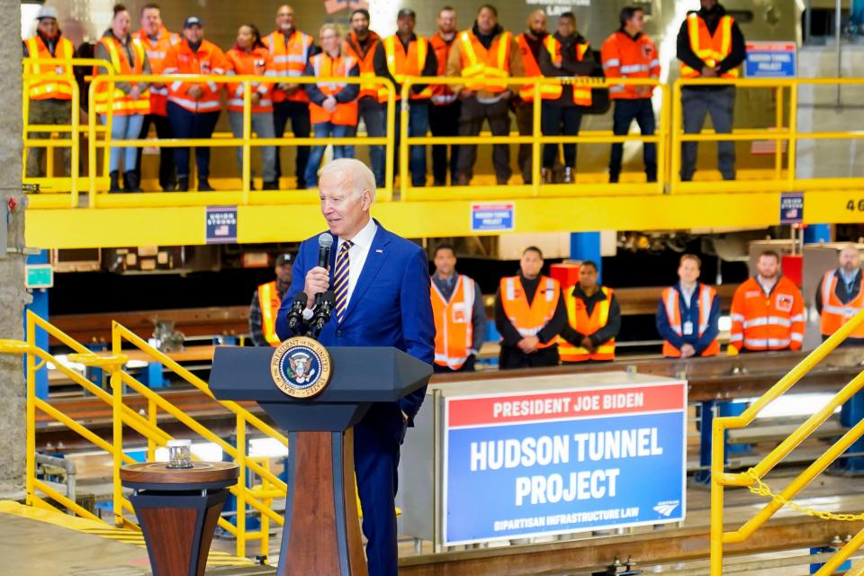 President Joe Biden speaks at the construction site of the Hudson Tunnel Project on Tuesday, Jan. 31, 2023, in New York.