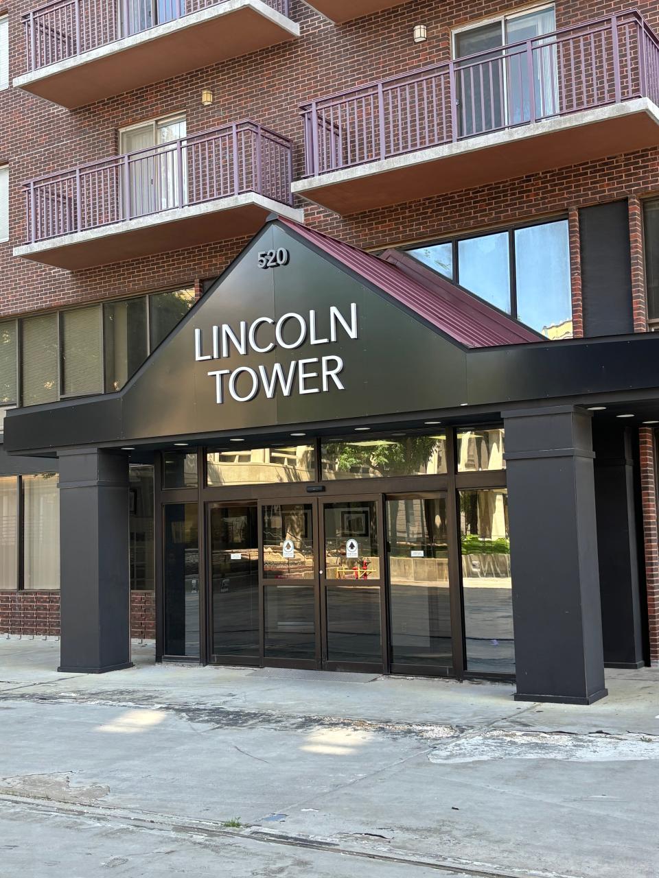 The entrance to Lincoln Tower Apartments at 520 S. Second St. is seen on May 19, 2024, in downtown Springfield. The 17-story residence opened in 1968, but its owner, Strategic Property Services Group LLC, is in bankruptcy and city has two court cases against it.