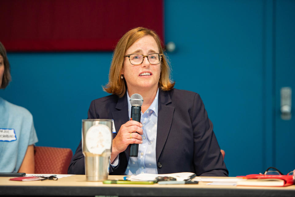 Asheville City Schools Board of Education Candidate Amy Ray speaks a forum at A-B Tech on April 22, 2022.