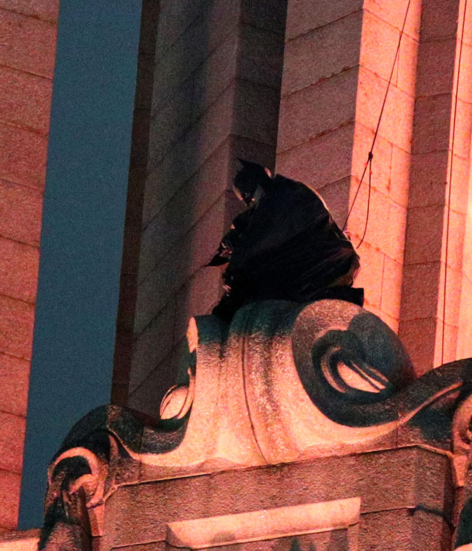 A man dressed as Batman on the top of one of the Three Graces during the filming of The Batman in Liverpool. (PA)