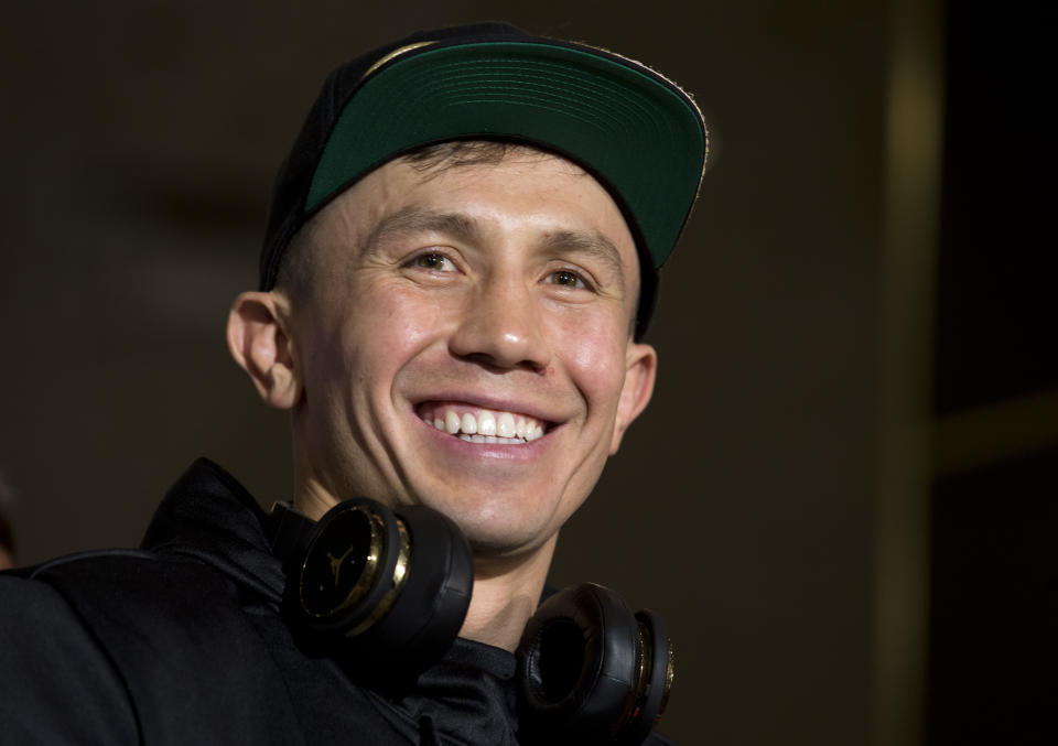 WBA-WBC middleweight champ Gennady Golovkin smiles after arriving at the MGM Grand hotel-casino in Las Vegas on Tuesday, Sept. 11, 2018. (AP)